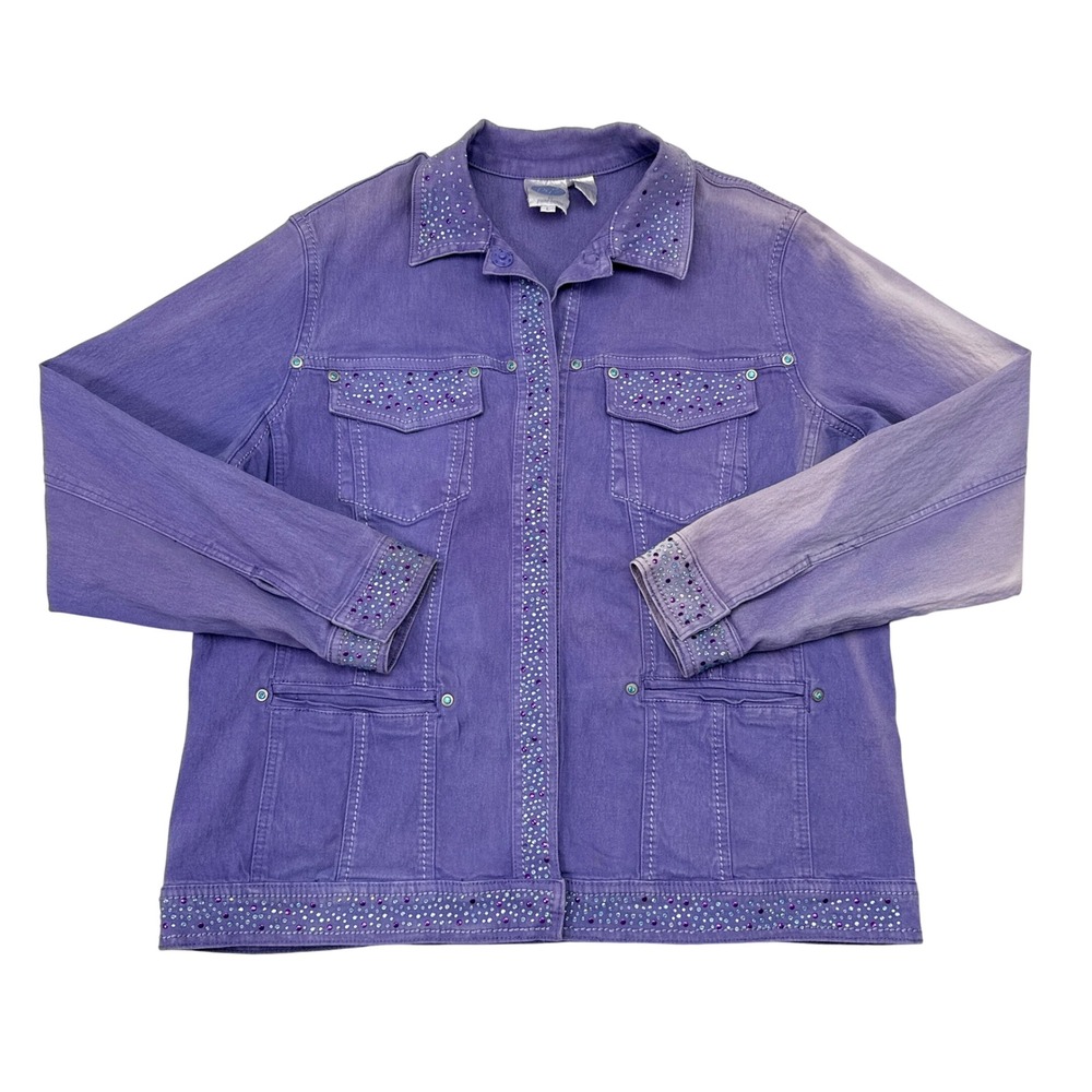 Vintage‎ Diane Gilman Denim Jacket Large Purple Y2K Jewel Bedazzle Bleached